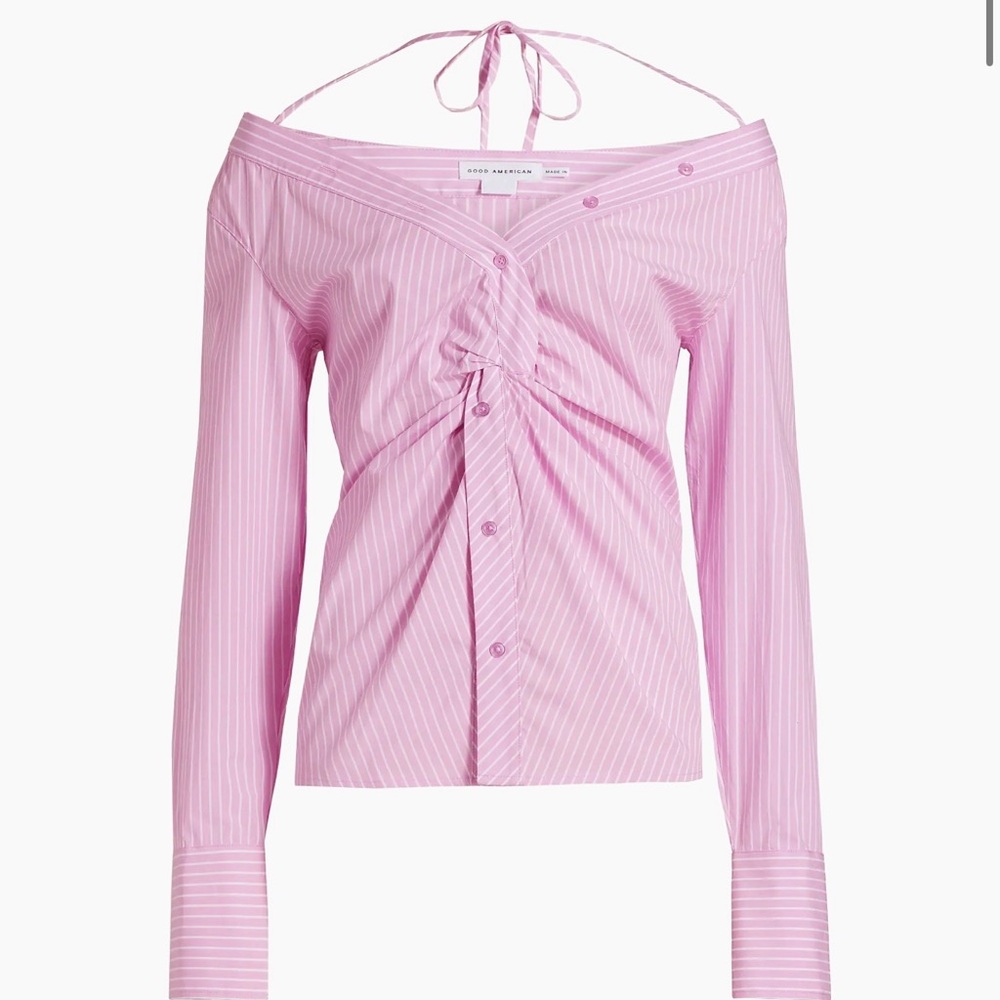 Good American Pink Striped Off-Shoulder Blouse